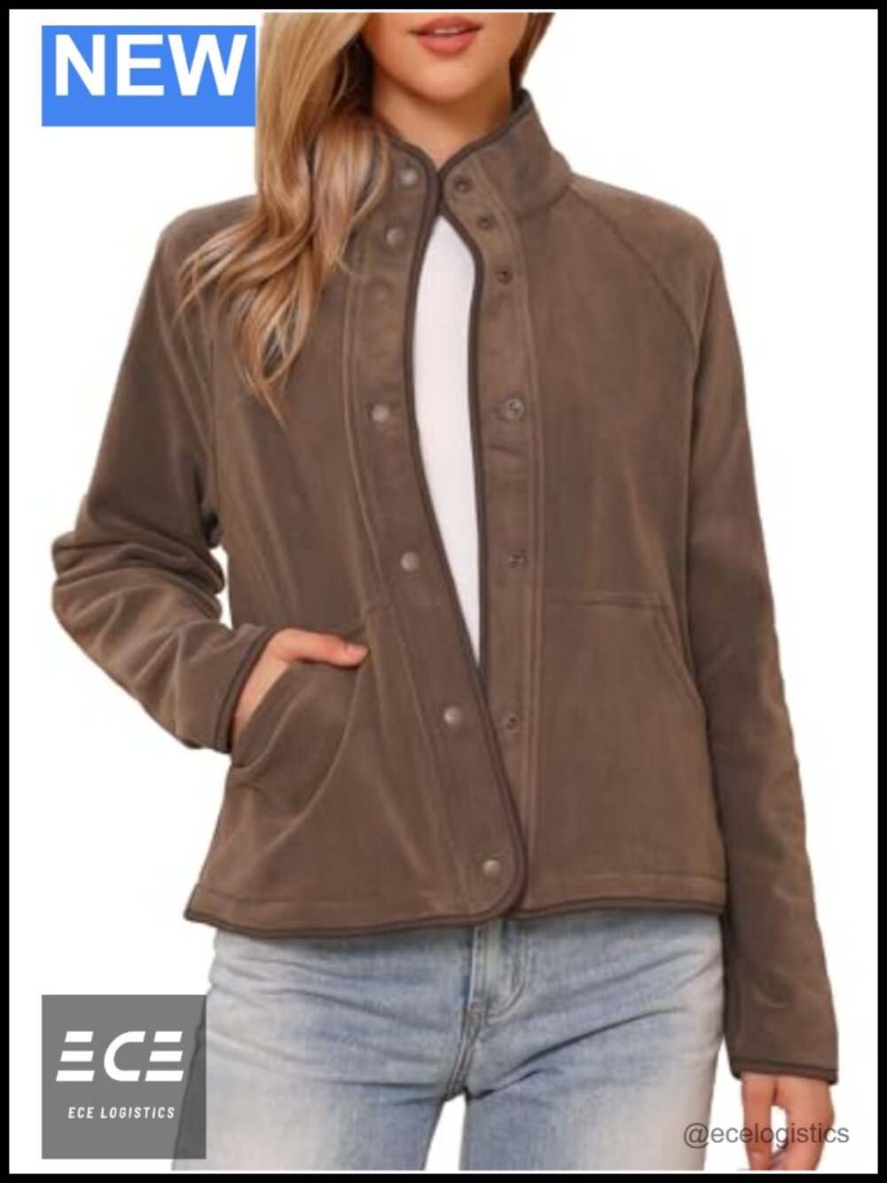 Womens Fleece Button Down Crop Jacket Snap Front Pockets Fall Coat